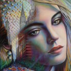 Blonde Woman Portrait with Blue Eyes in Surreal Cityscape