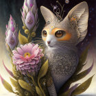 Fantastical creature with cat body and moth wings in whimsical floral setting