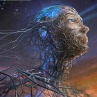 Female android digital artwork with metallic mesh patterns and cable hair in warm light