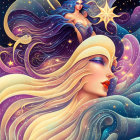 Woman with Flowing Hair and Celestial Motifs in Cosmic Theme