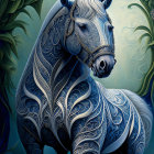 Colorful Ornate Horse Illustration with Blue Mane and Decorative Patterns in Mystical Forest