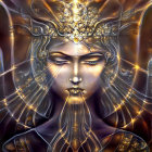 Detailed Artwork of Woman with Gold and Blue Headpiece and Blue Gem