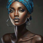 Portrait of woman with radiant skin in blue headwrap and hoop earrings