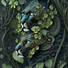 Stylized panther heads with golden patterns in digital artwork