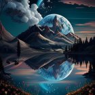 Fantastical night landscape with castle, lake, flora, and celestial elements