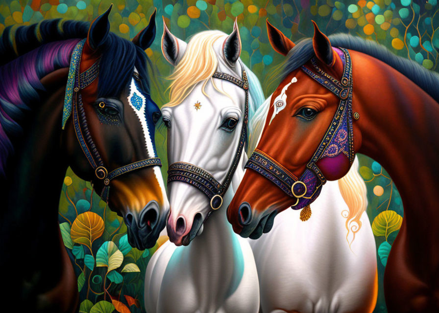 Three Vibrant Horses with Ornate Bridles Against Colorful Foliage