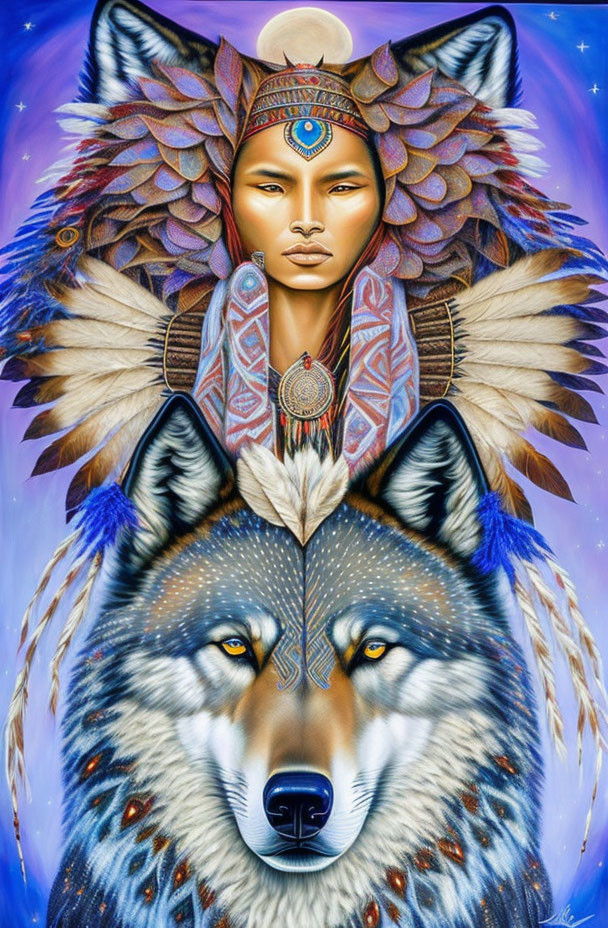 Illustration of person in indigenous attire with wolf and blue eyes