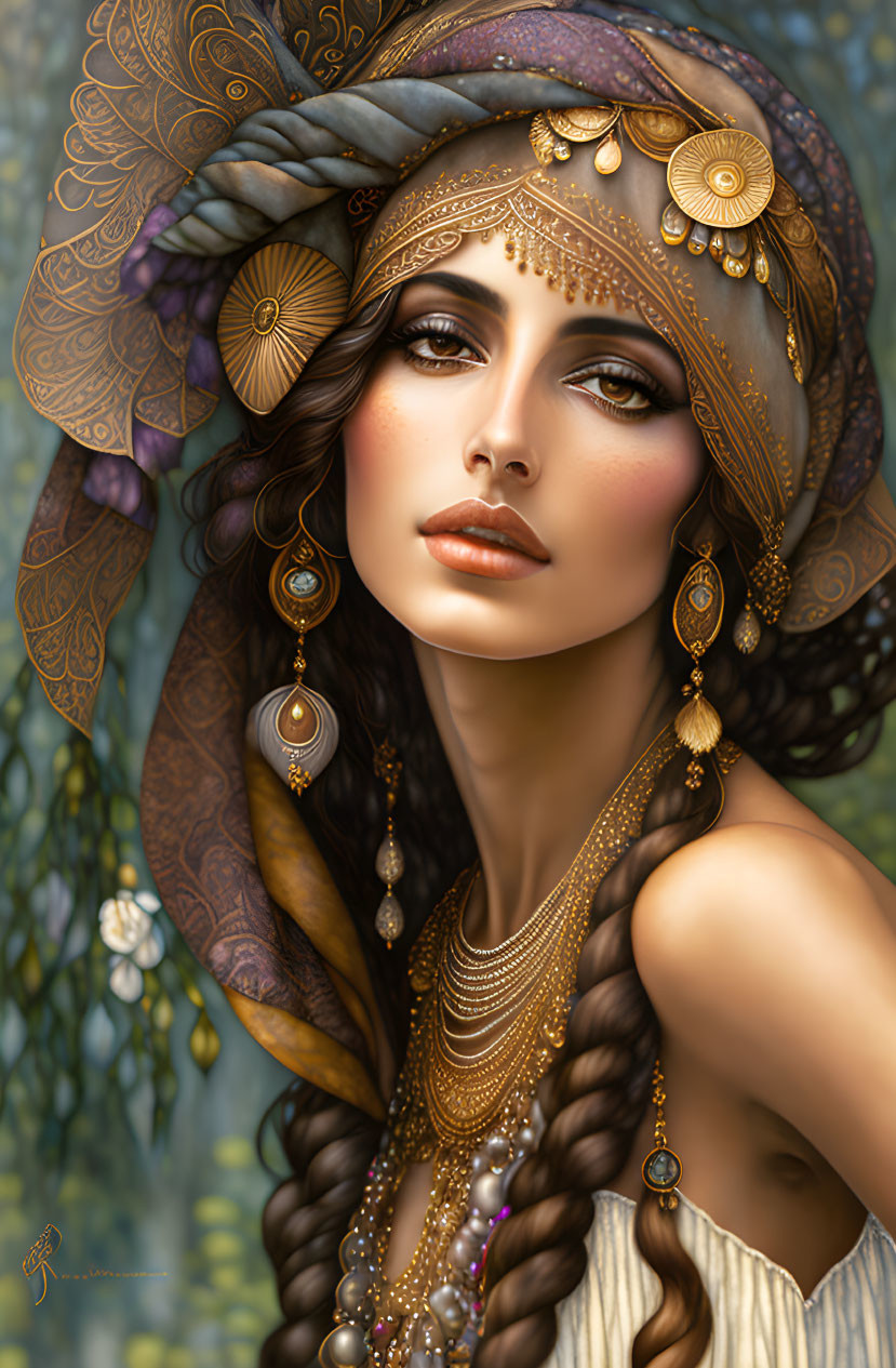 Detailed digital portrait: Woman with adorned turban & intricate jewelry, exuding mysterious allure