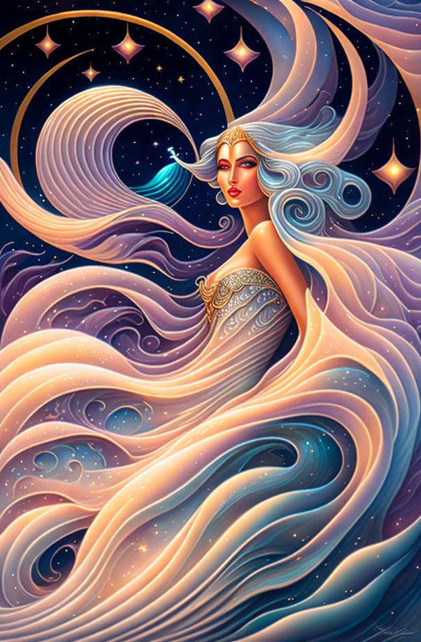 Woman with Flowing Hair and Celestial Motifs in Cosmic Theme