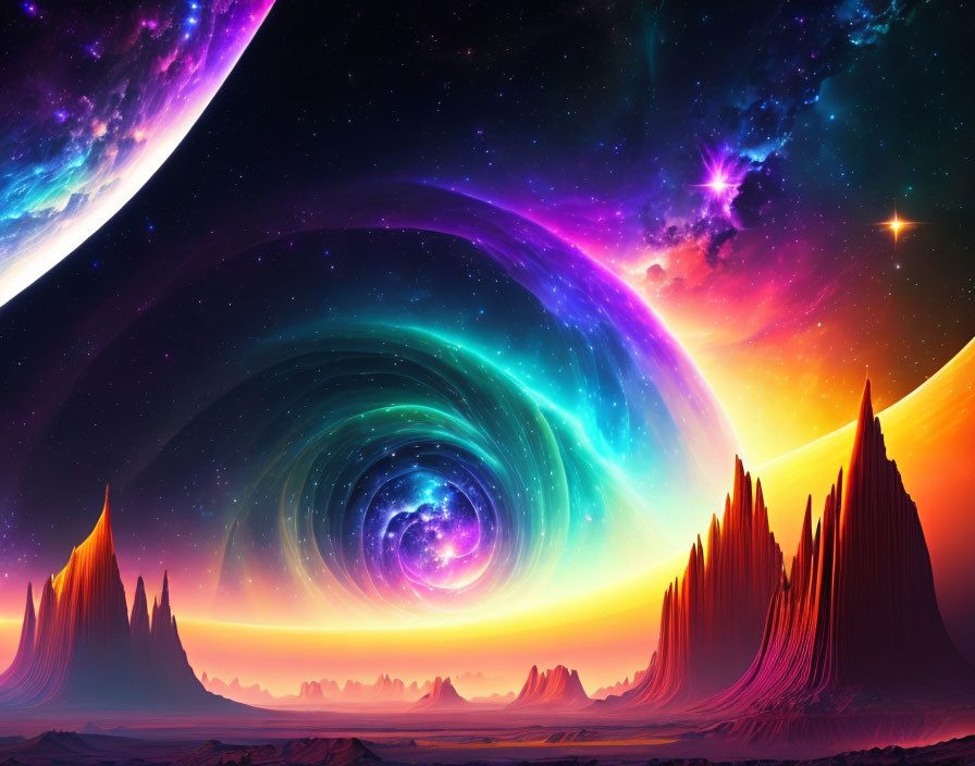 Colorful digital art: Vibrant space scene with wormhole, nebulae, planets, and