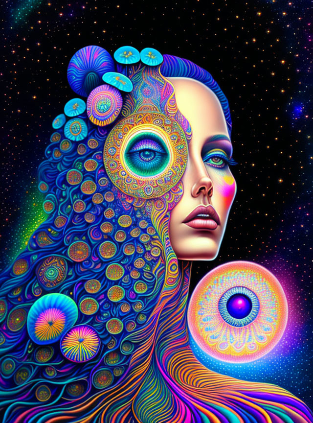 Colorful Psychedelic Portrait of Woman with Peacock and Cosmic Motifs