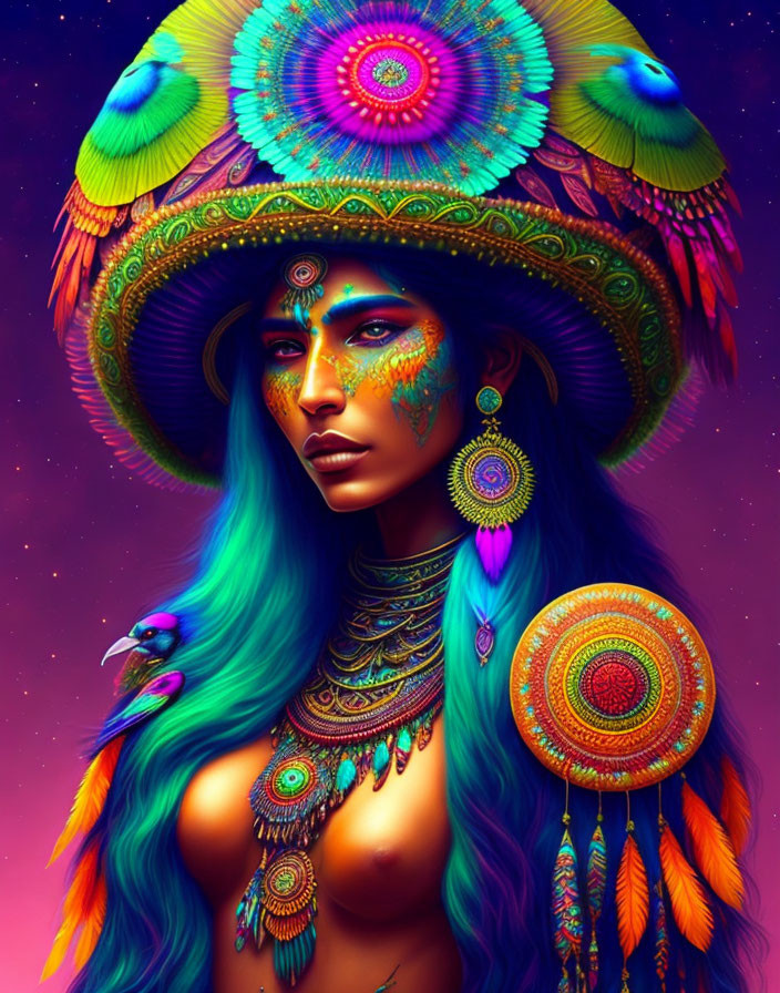 Colorful Digital Art: Woman with Psychedelic Patterns and Peacock Feathers