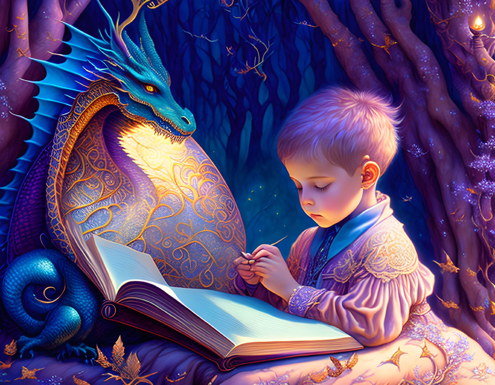 Child in Medieval Attire Reading Magical Book with Glowing Dragon