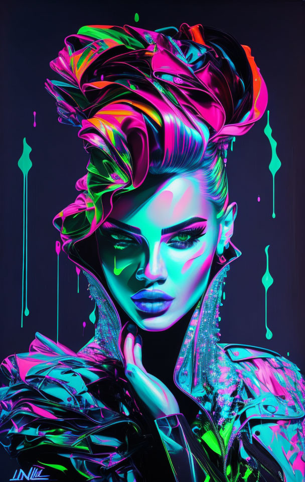 Colorful neon digital artwork: Woman with vibrant skin tones and futuristic jacket