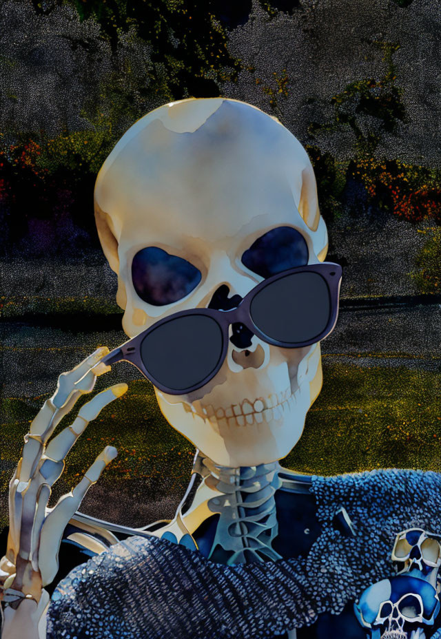 Stylized skeleton with sunglasses and shimmering jacket