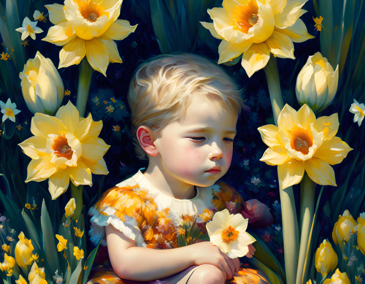 Child Sitting Among Vibrant Daffodils in Soft Sunlight