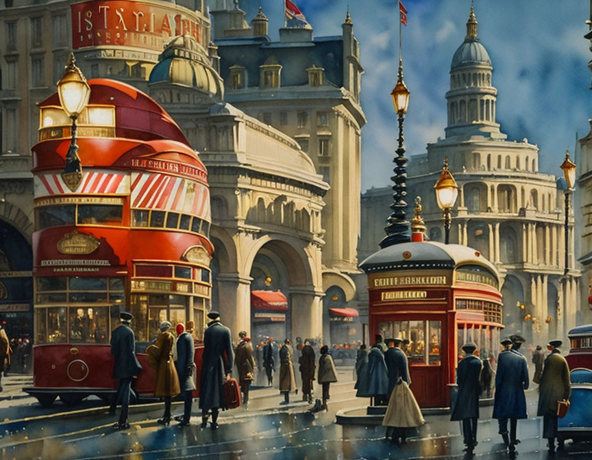 Vintage London street scene with red buses and historical buildings.