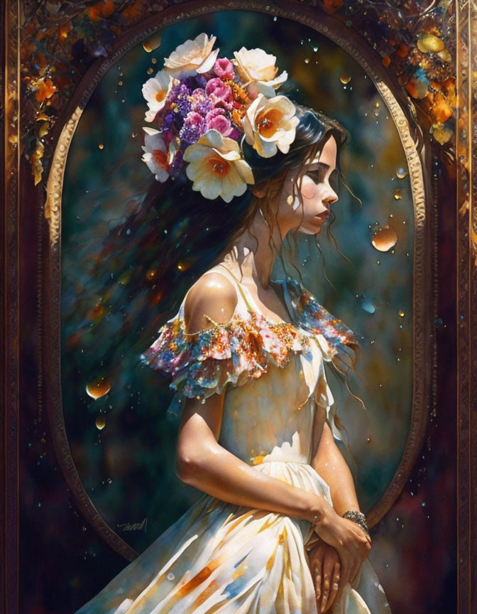 Profile portrait of woman with floral headdress surrounded by autumn leaves and glowing orbs