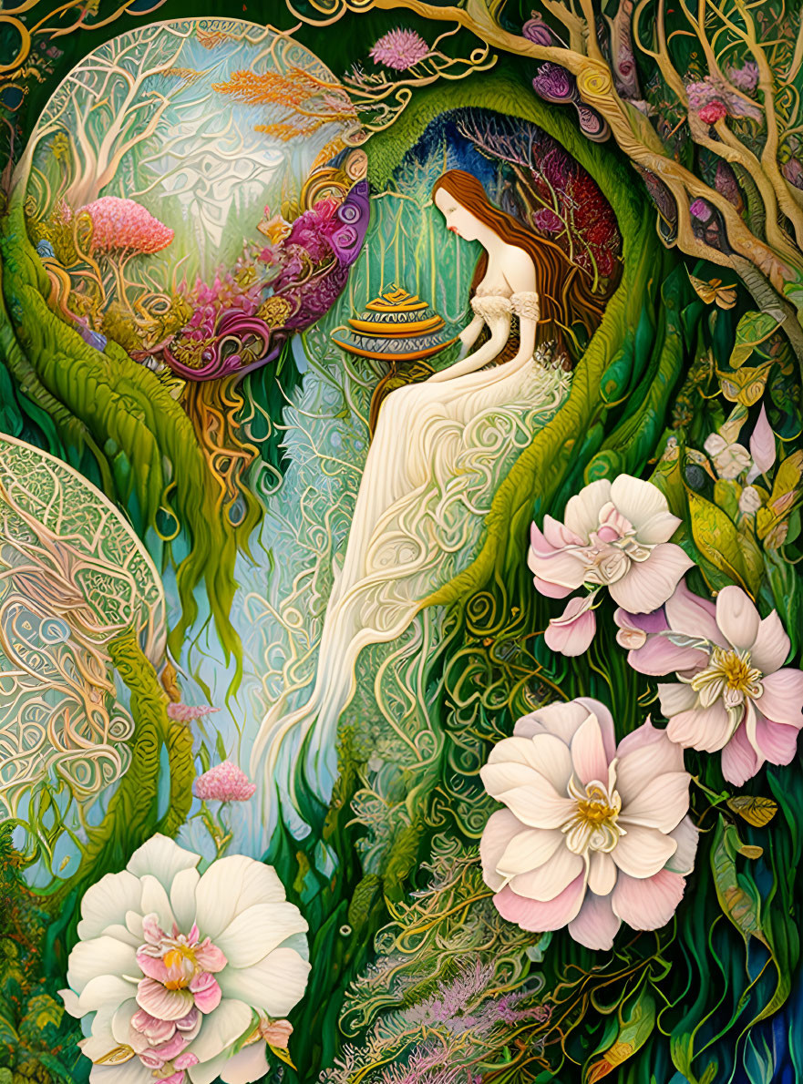 Vibrant forest scene with woman in flowing dress