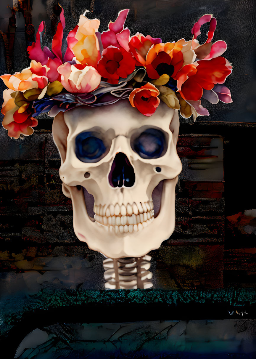 Skull with Floral Crown on Dark Abstract Background