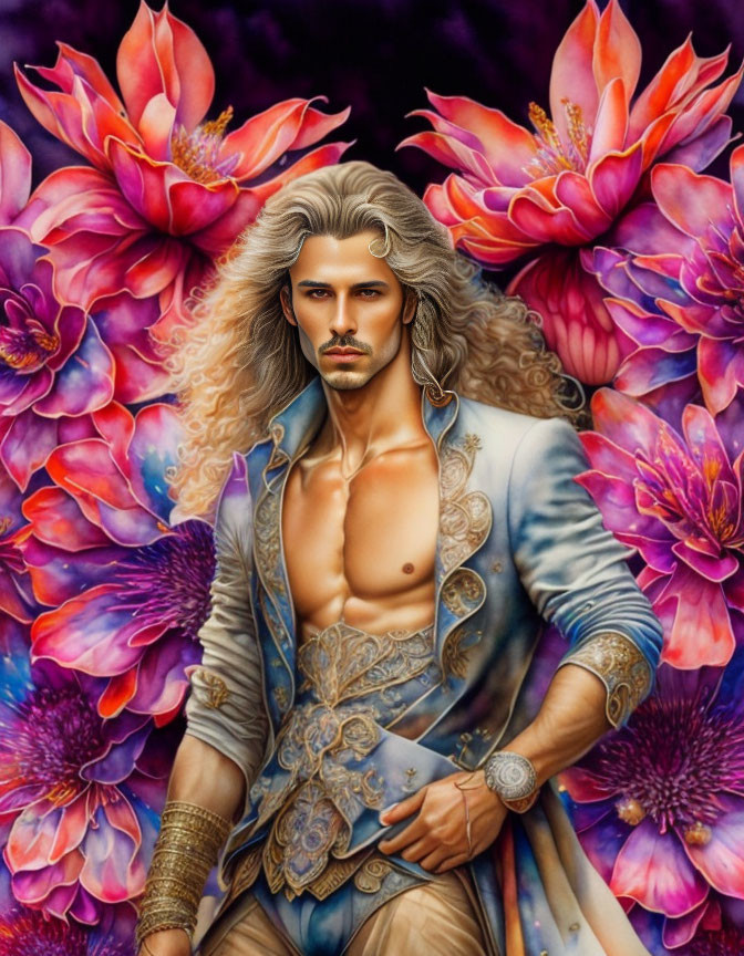 Long-Haired Man in Ornate Jacket Amid Vibrant Flowers