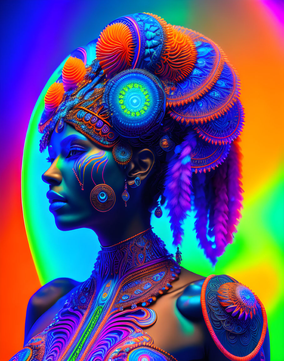 Colorful digital art portrait of woman with intricate headdress on rainbow backdrop