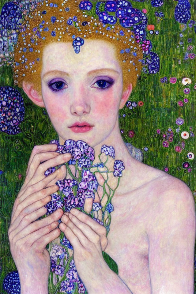 Fair-skinned individual with red hair holding purple flowers against floral background