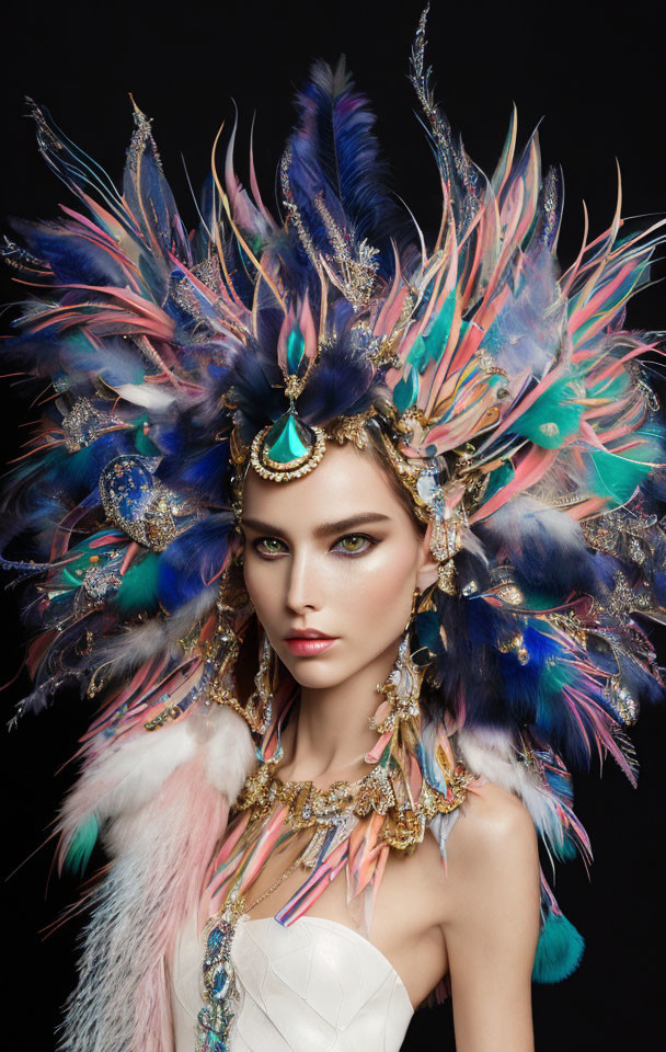 Elaborate Feather Headdress with Jewels and Gemstones