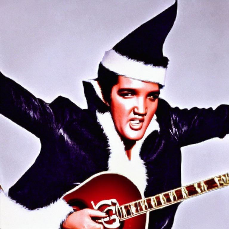 Santa Hat and Costume Guitar Pose Illustration