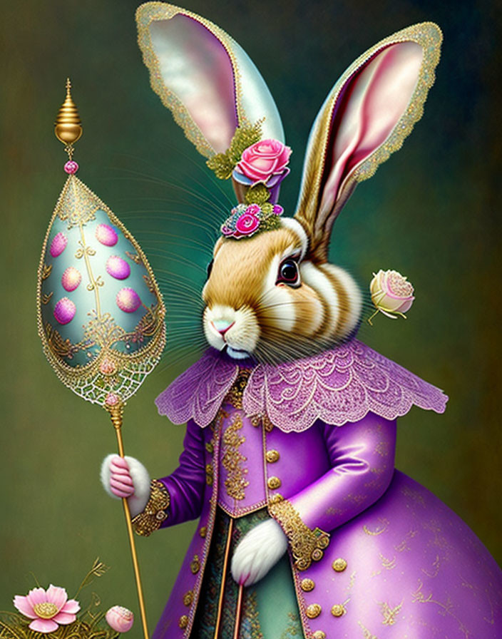 Illustrated rabbit in purple coat with gold trimmings and egg scepter among roses and whimsical