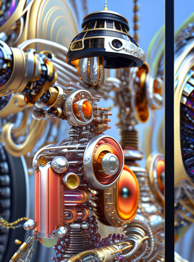 Detailed Futuristic Machine with Gold and Silver Gears and Glowing Orange Elements