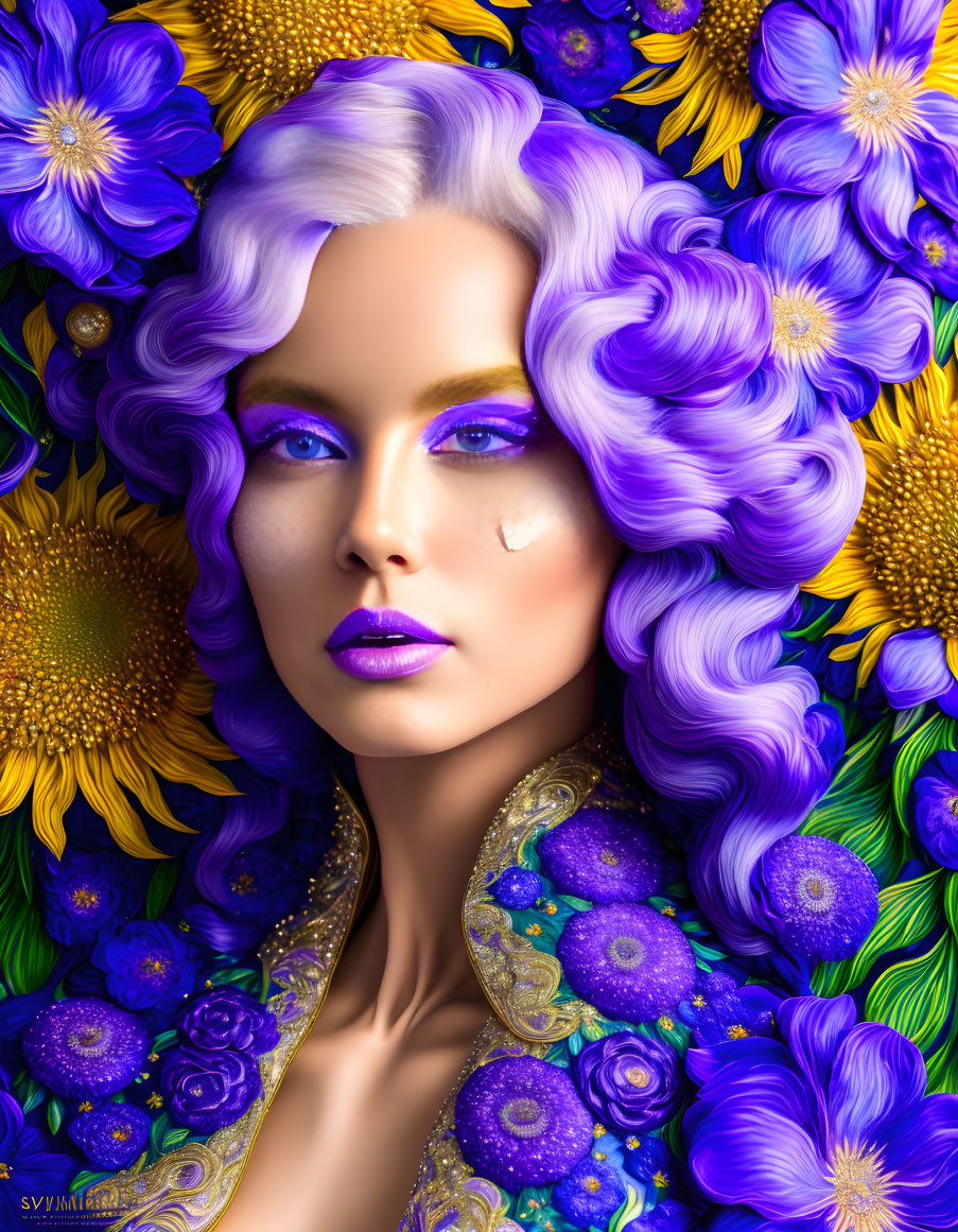 Digital Artwork: Female Figure with Purple Hair and Lips Among Purple & Yellow Flowers