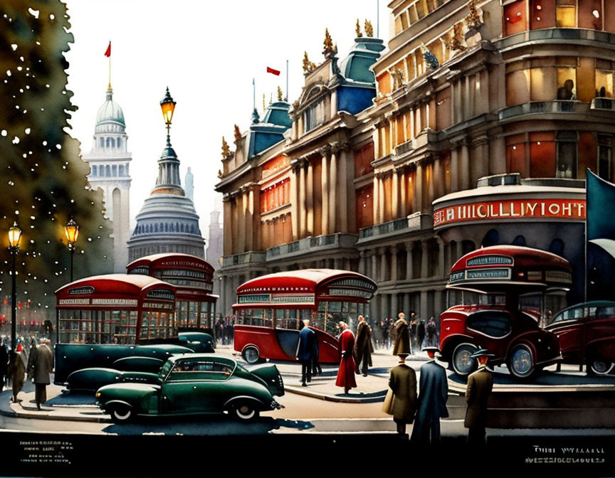 Vintage city scene with classic cars, red buses, and elegant pedestrians in warm light