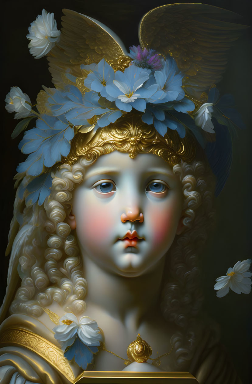 Hyperrealistic painting of child with golden angel wings and blue flowers on dark background