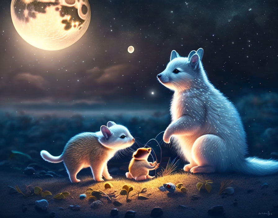 Anthropomorphic white fennec foxes under night sky with moon, adult and cub observing glowing