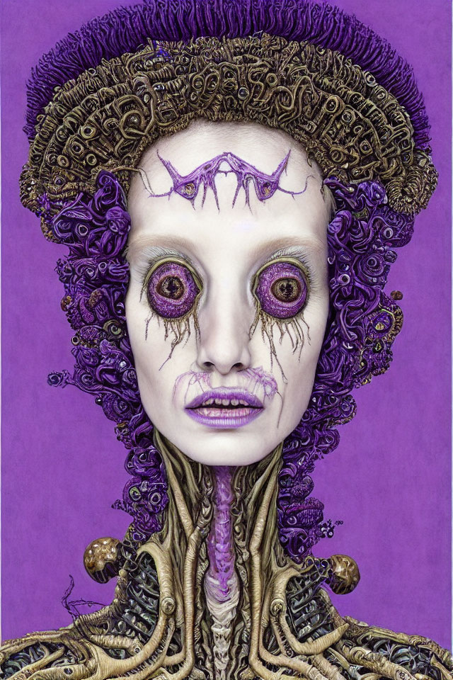 Detailed surreal portrait of a person with ornate purple headpiece, yellow eyes, cracked makeup, and