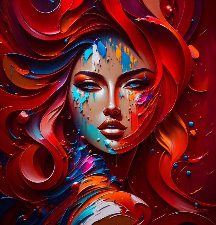 Vibrant painting of a woman with red swirling hair and colorful splashes