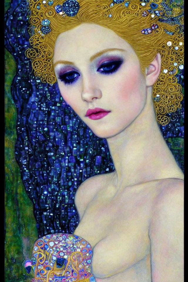 Pale woman with purple eye makeup and golden hair against dark blue foliage