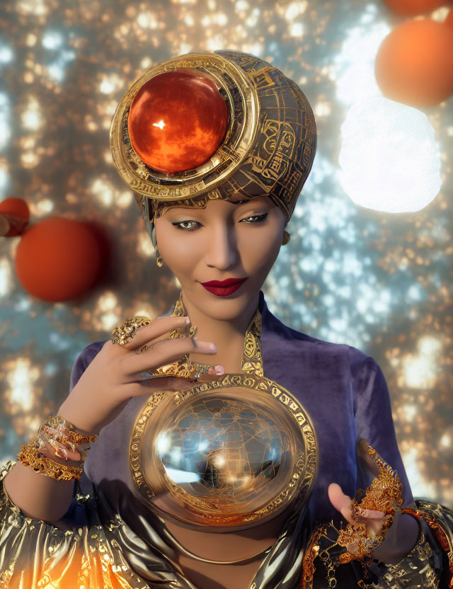 Illustrated fortune teller with crystal ball and gold jewelry on sparkling background