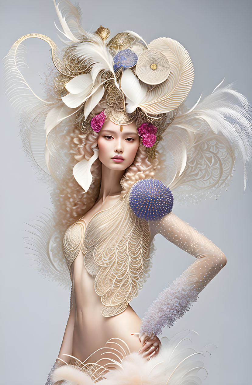 Elaborate Golden Headpiece Portrait with Feathers and Flowers