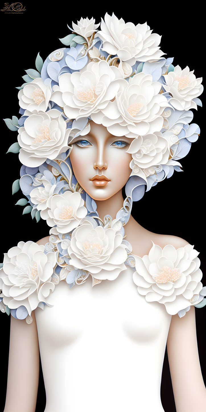 Female figure with white and pale blue flower headdress and piercing blue eyes