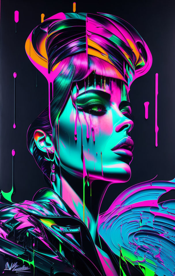 Colorful digital artwork: Woman in neon pink and green with flowing, futuristic style