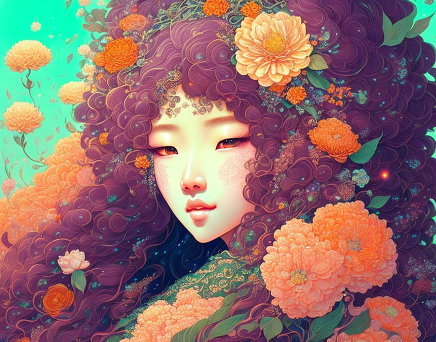 Vibrant Orange and Green Floral Woman Illustration