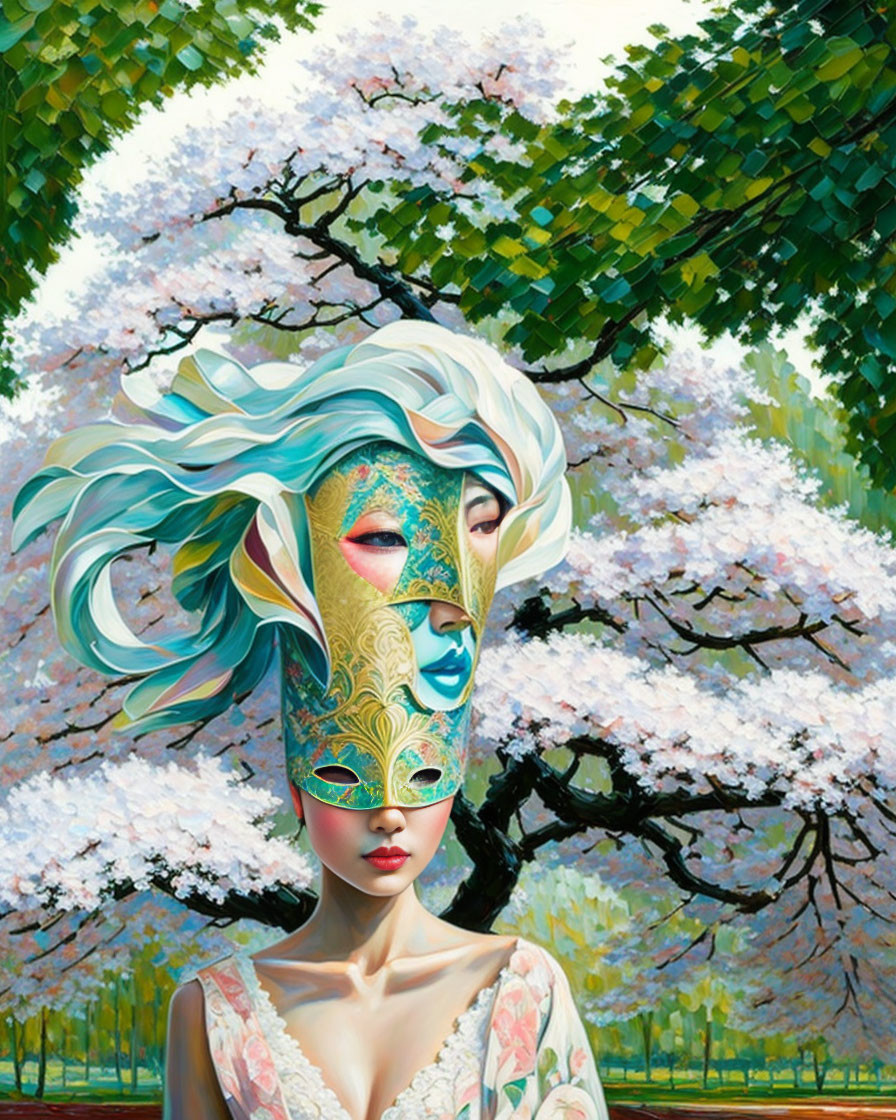 Woman with stylized masquerade mask and cherry blossoms in artwork