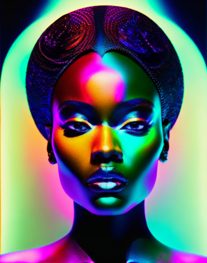 Vibrant portrait of a woman with striking makeup under multicolored neon lighting