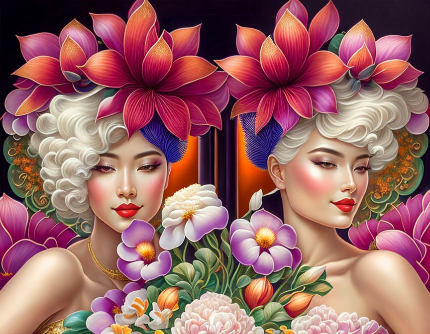 Vibrant floral hair and makeup on two women in dark setting