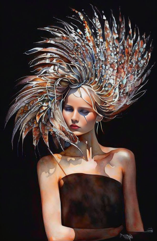 Portrait of Woman with Extravagant Feather Headdress and Dramatic Makeup