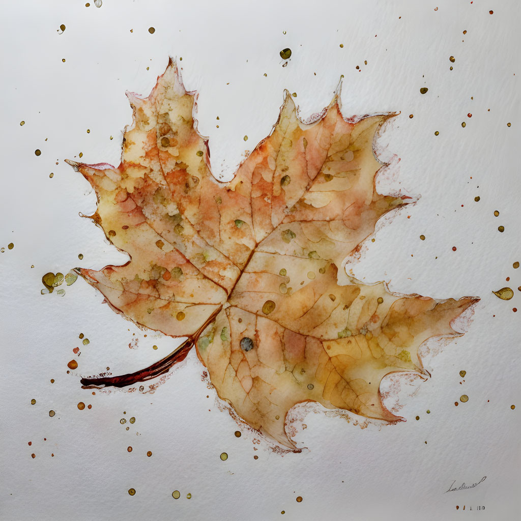 Detailed Watercolor Painting of Single Autumn Leaf with Brown Spots on White Background