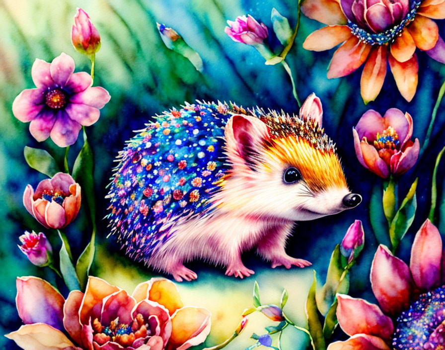 Vibrant hedgehog illustration surrounded by colorful flowers and fantastical hues