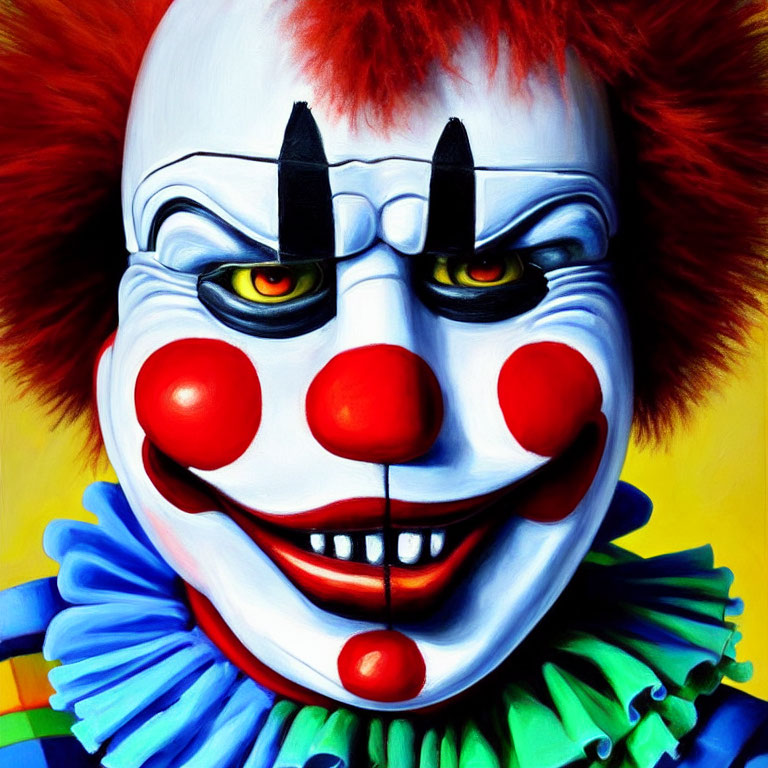 Vivid painting of a clown with red nose and green eyes, blue collar